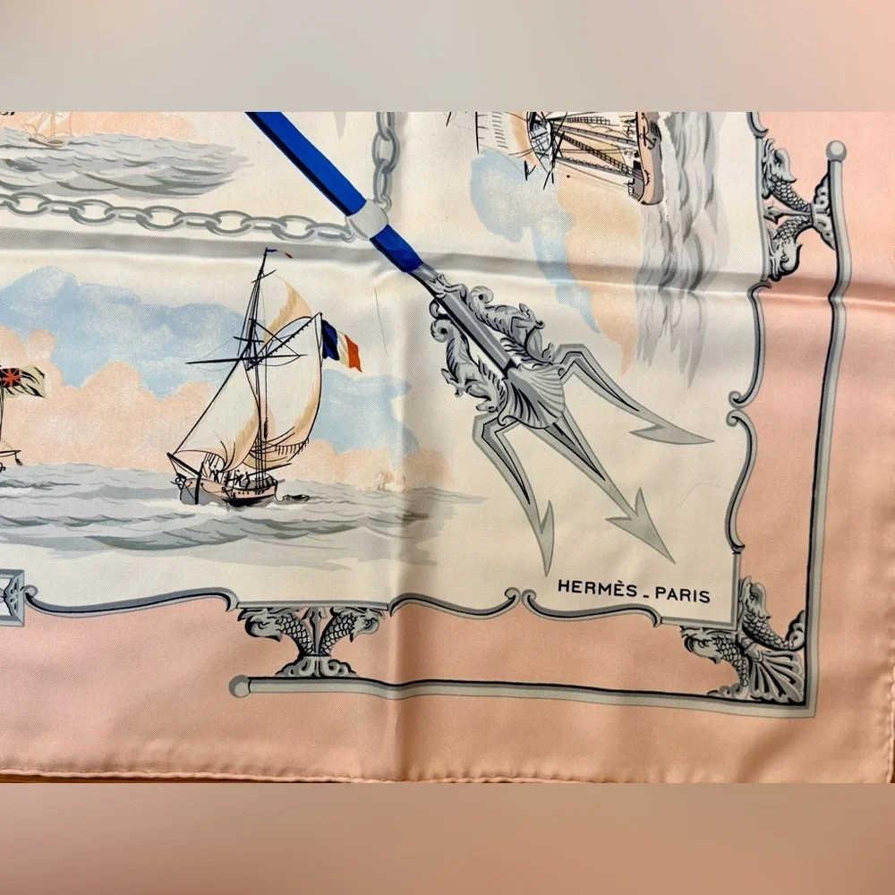HERMES Never Worn Vintage “The Wooden Marine” Pink Carre‎ 90 Silk Twill Scarf